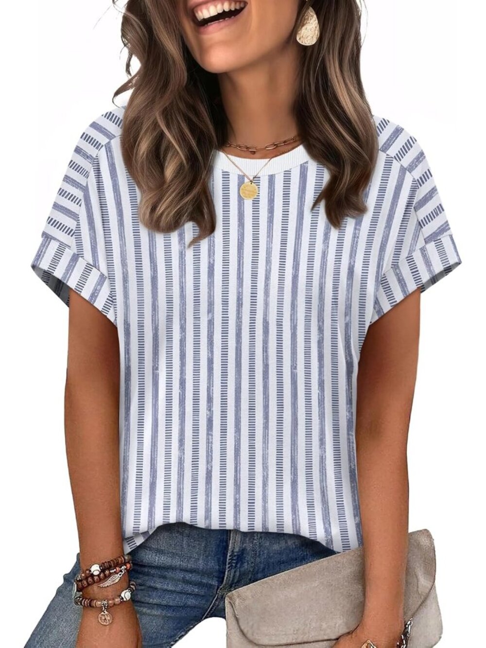 Women's Blue Stripes Summer Outfits Classic Cloth Pull On Top Short Sleeve Shirt